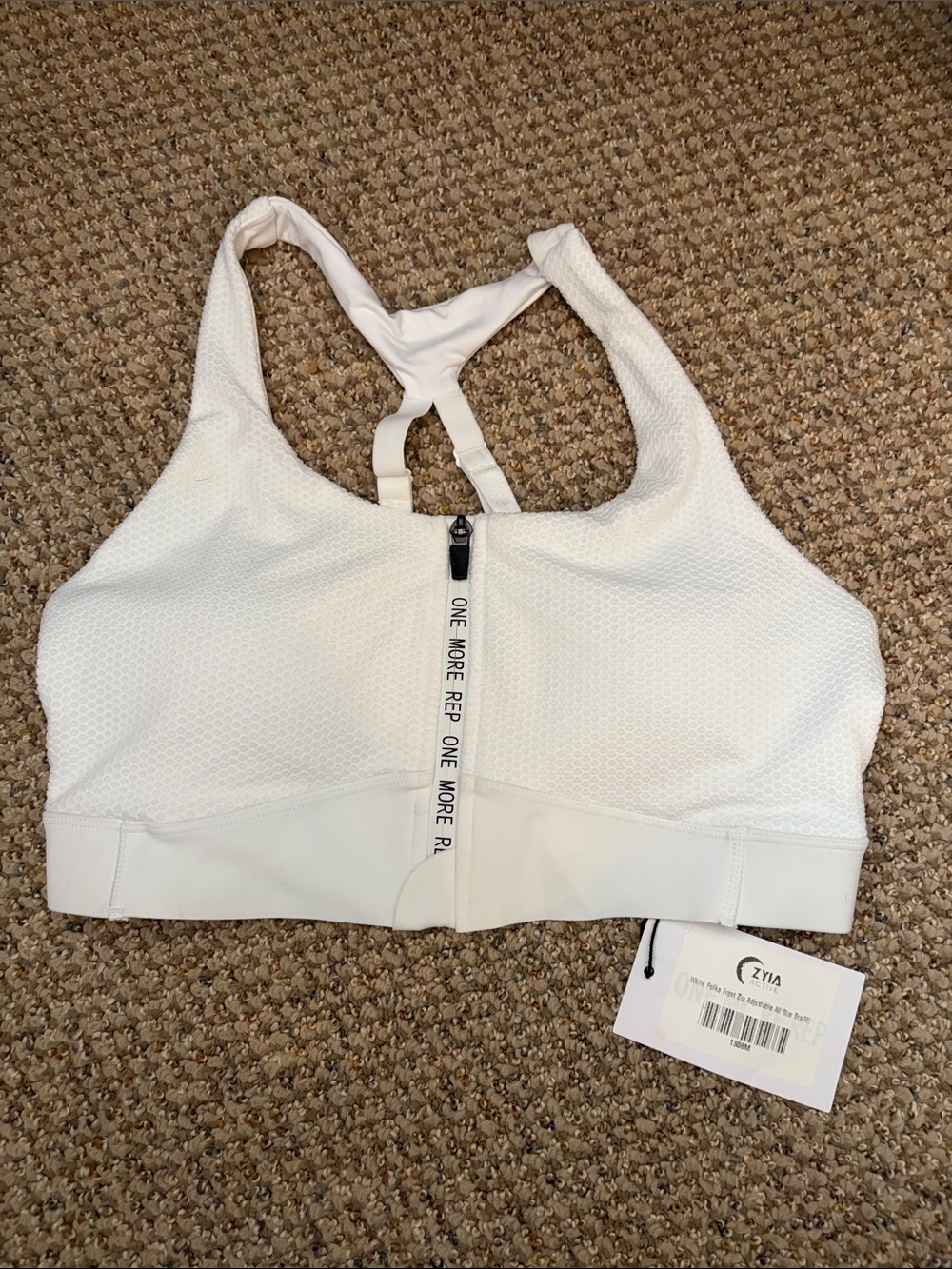 ZYIA White Polka Front-Zip Adjustable All Star Bra with Racerback (size M)